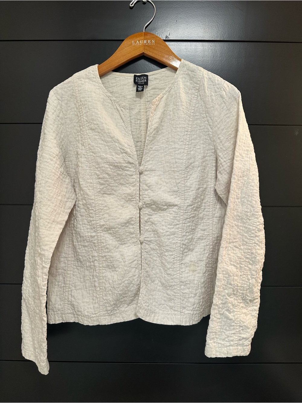 Eileen Fisher Cream Quilted Linen-Cotton Lightweight Button Jacket, PM